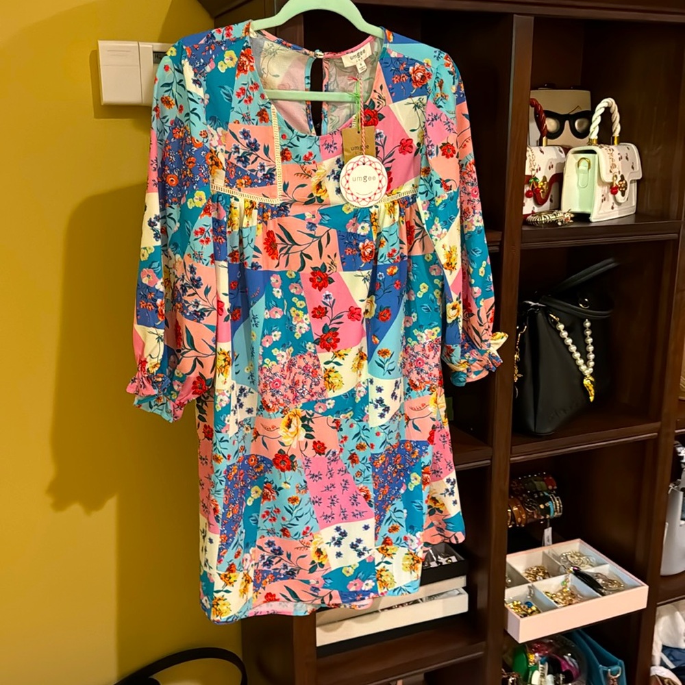 Umgee Blue and Pink patchwork summer dress